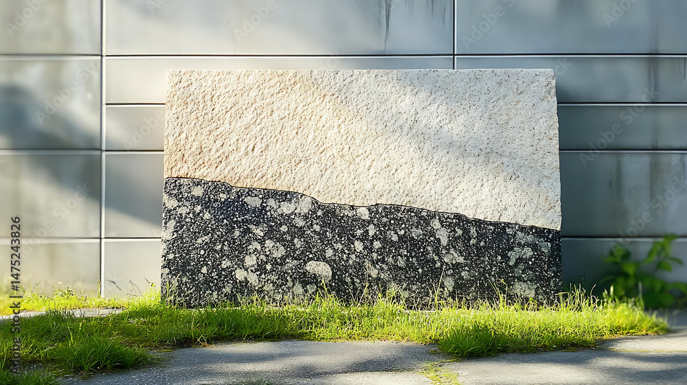 Poster large stone slab with textured surface, featuring distinct contrast between light upper section and 