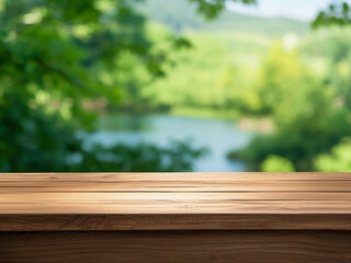 Empty tabletop with blurred nature background. Clean and natural setting ideal for product display, social media banners, posters, or advertisements.

