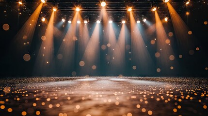 Empty stage illuminated by warm spotlights.