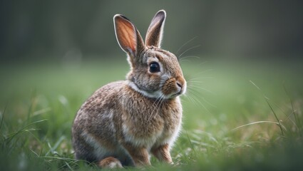 Fototapeta premium Close view of a lovable young bunny relaxing on meadow grass in spring.