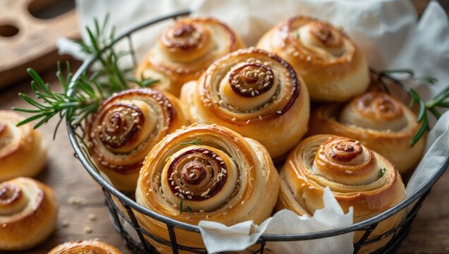 Puff pastry with unsweetened snails, bacon, and sesame seeds