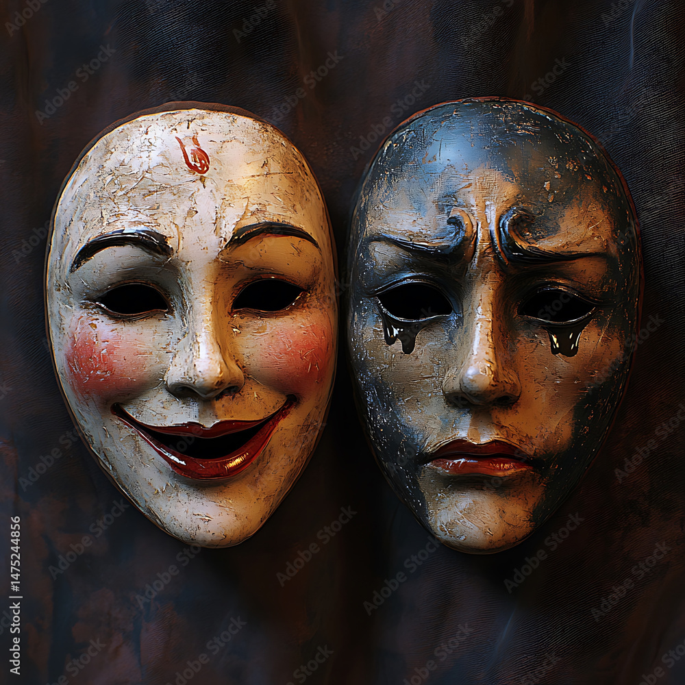 Poster image features two theatrical masks side by side, one displaying joyful expression and other sorrowf