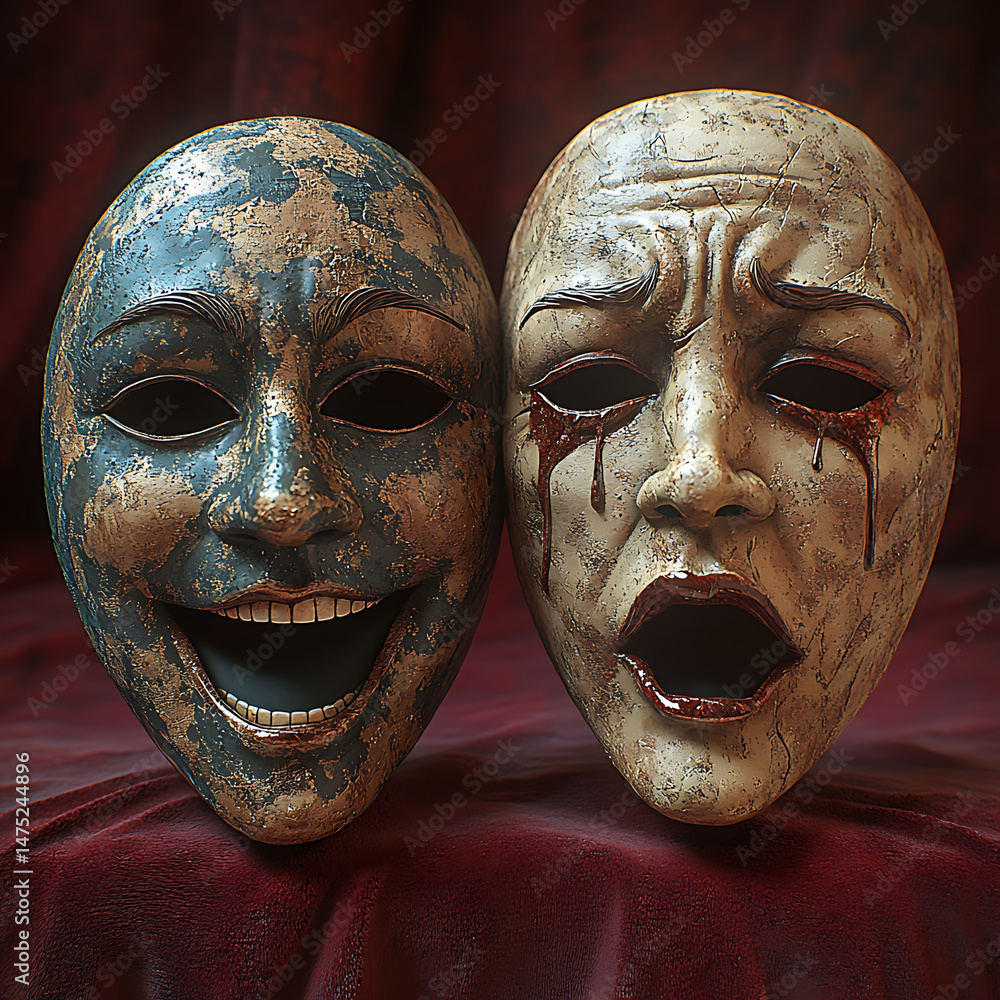 Poster image features two theatrical masks side by side, one displaying wide smile and other showing distre