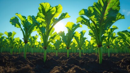 Green beet leaves bathed in sunlight. Agricultural setting with sugar beets. Close-up with focus.