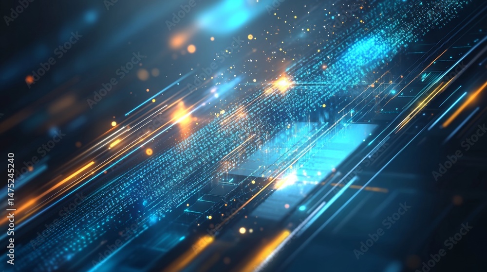 Poster dynamic digital data flow virtual environment abstract visuals futuristic setting high-tech viewpoin