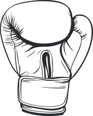 Black and white line drawing of a boxing glove showing detailed stitching and wrist strap for sports protection