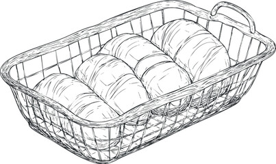 Obraz premium Hand drawn sketch of fresh bread loaves arranged in a wire basket, bakery food illustration