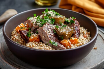 Hearty beef stew with vegetables and couscous in rustic bowl