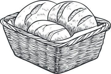 Fototapeta premium Hand-drawn illustration of a wicker basket filled with freshly baked bread loaves and rolls