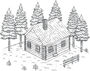 Black and white line drawing of a cozy log cabin surrounded by tall pine trees and a wooden fence in a natural forest setting