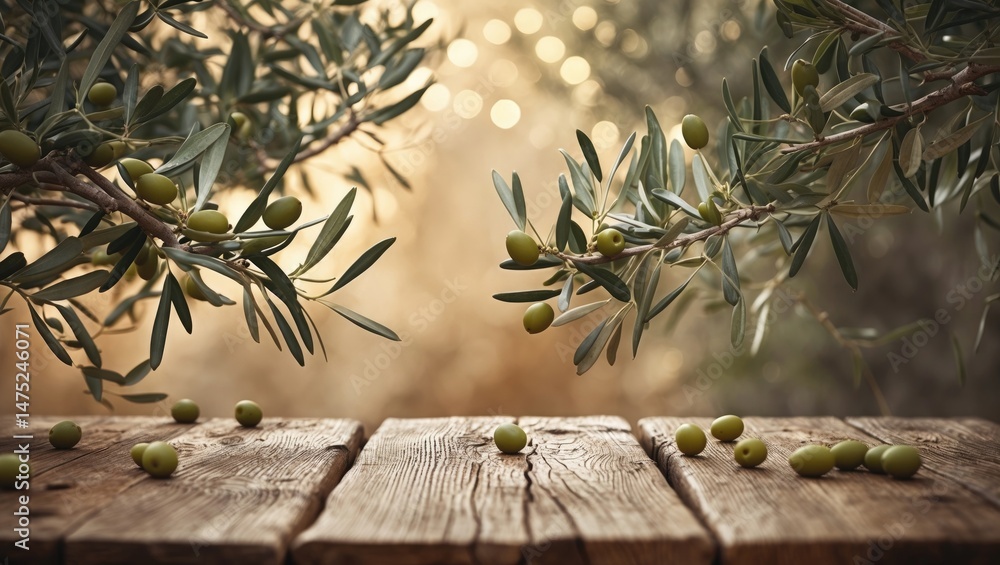 Poster olives clustered on an olive tree amidst bokeh.