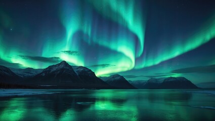 Naklejka premium Spectacular northern lights above mountains and seaside ocean. Beautiful natural landscape.