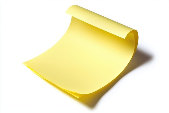 A yellow sticky note with curled edge on a white surface alone now