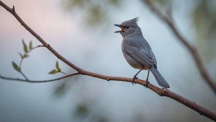 A gray catbird emits a song while perched on a spear in the savanna