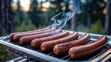 Nature-inspired picnic with grilled pork and sausages over a disposable grill