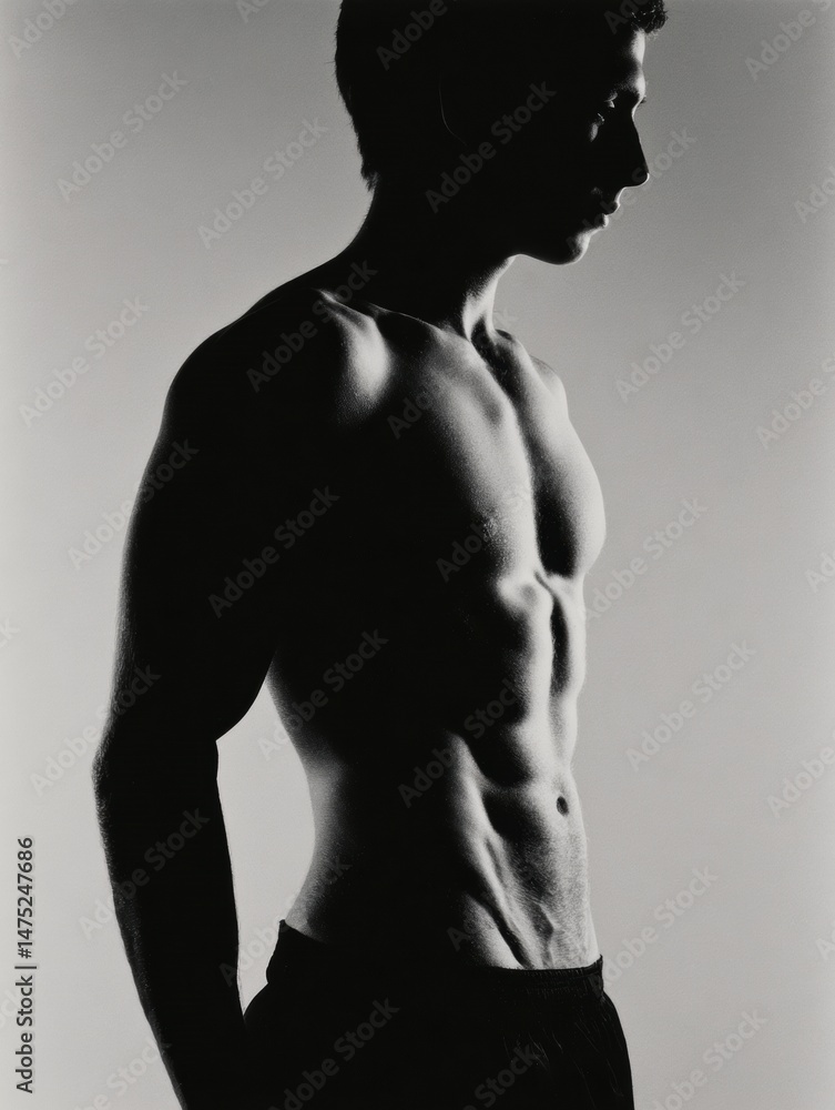 Poster toned torso silhouette with soft highlights showcasing muscular definition from the left side, captu