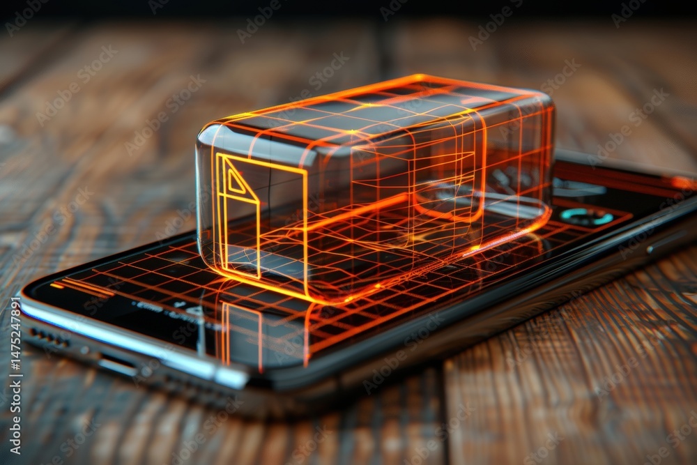 Poster a smartphone displays a glowing 3d hologram with orange grid lines, visualizing augmented reality on