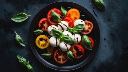 A gourmet Caprese salad arranged on a white plate with tomatoes, mozzarella, and basil, viewed from above