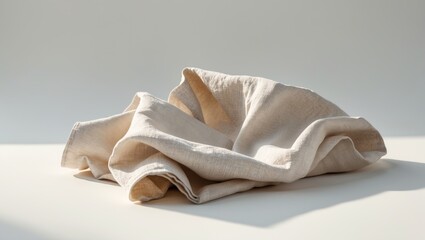 Overhead view of a folded linen napkin in beige and gray on a white background.