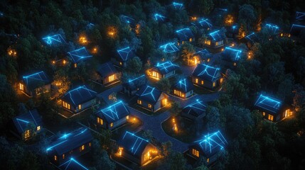 Nighttime view of a residential community with illuminated roofs.