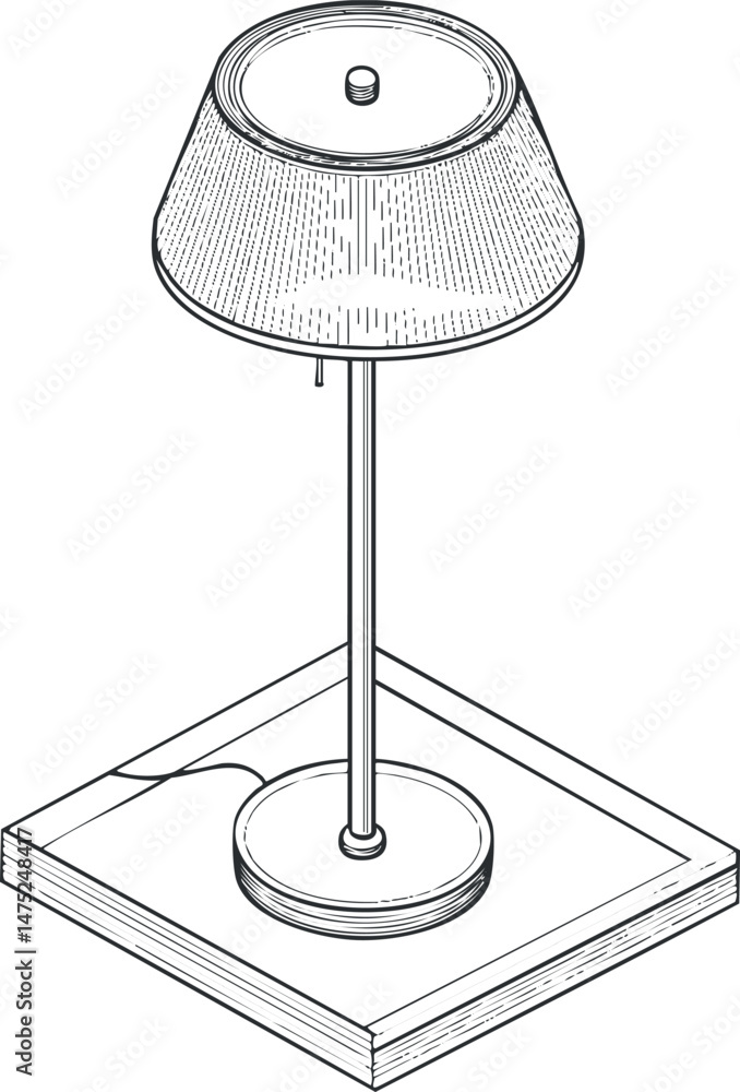 Poster black and white line drawing of a modern table lamp with lampshade and cord on a flat surface.