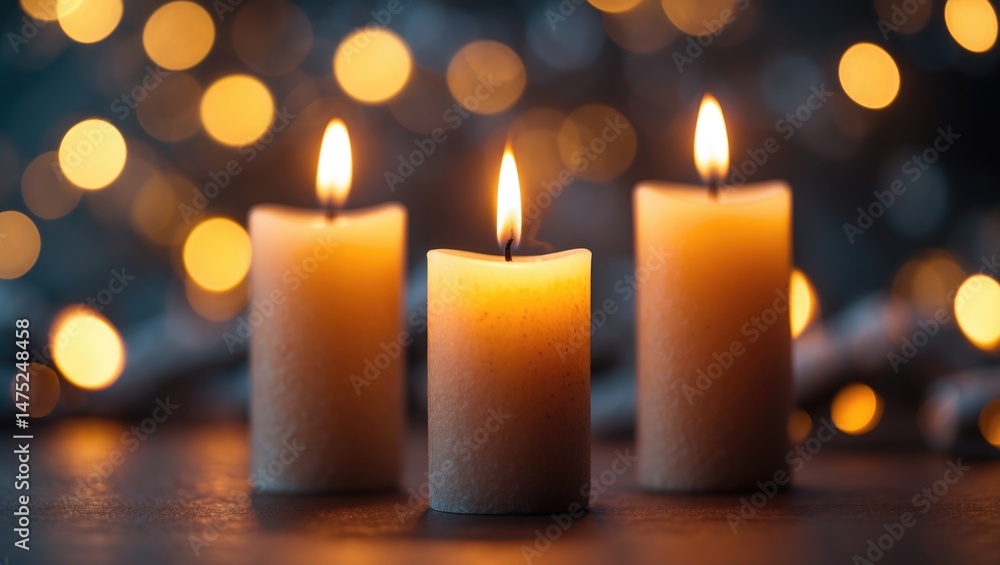 Poster set of three burning candlelights with a blurred bokeh light background