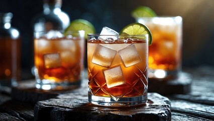 Cocktail of apple juice and whiskey in the sun