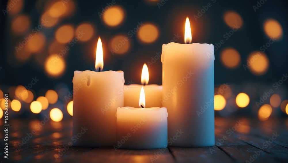 Aufkleber intimate view of three glowing candles on a wooden table with a hazy light background