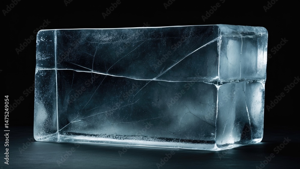 Aufkleber cracked ice cube in a clear rectangular container against a dark backdrop