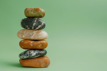 A serene stack of colorful stones on a soft green background, symbolizing balance and harmony.