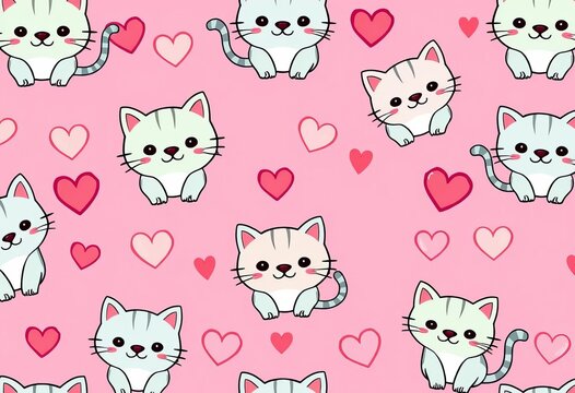 Fototapeta Pink background, seamless repeat pattern featuring cute cartoon cats and hearts, seamless, hearts