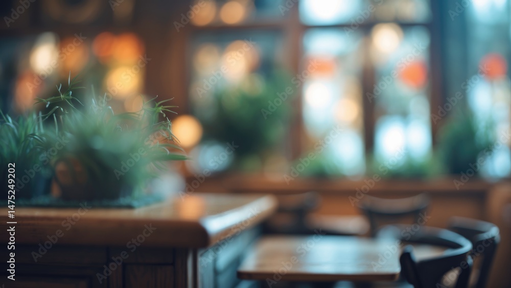 Poster table and window blurred in a cafe setting
