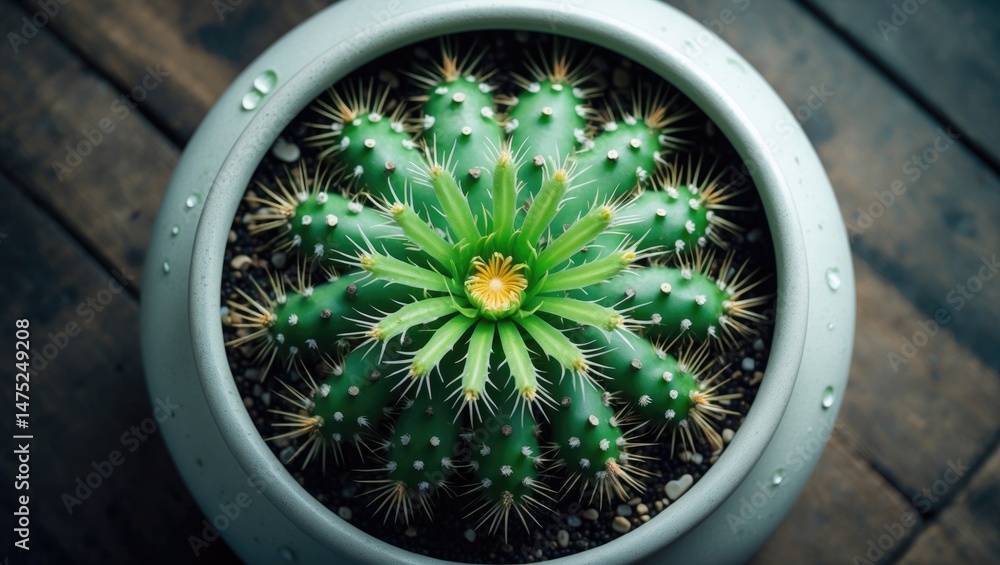 Aufkleber top-down view of a round cactus in a white pot, highlighting a green cactus. situated on the ground 
