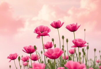 Pink poppy flowers bloom amidst soft, pink clouds, a dreamy, ethereal scene, spring, soft