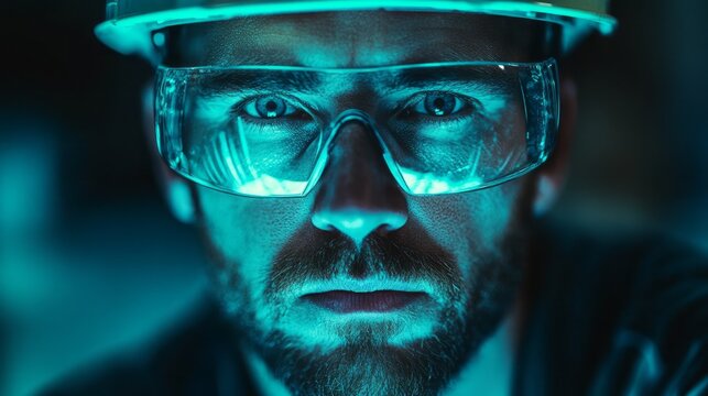 Close-up portrait of a focused worker in safety gear.