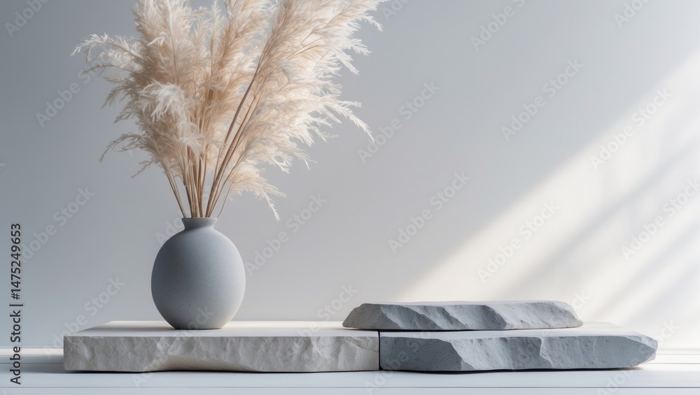 Poster display platform made of grey stones on white backdrop, showcasing dry branches in vase, minimal des