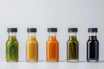 Variety of colorful beverages displayed in small glass bottles on a white background