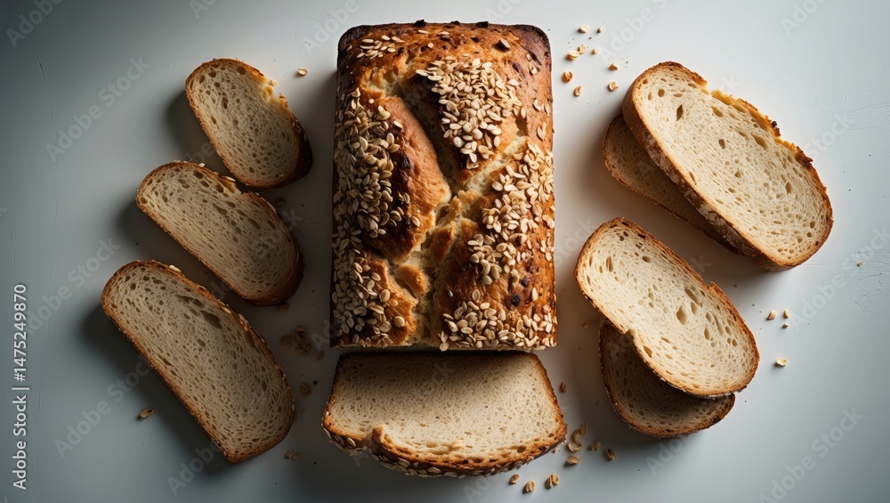 Poster macro shot of multi cereal bread arranged creatively on background. flat lay food idea.