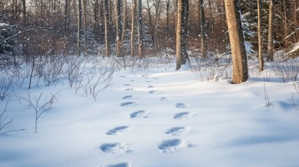 Snowy forest path with animal tracks leading through trees, capturing winter's serene beauty