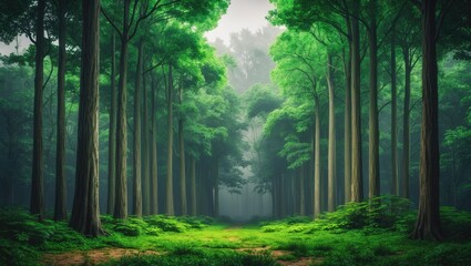 Fototapeta premium Grand forest scene showcasing tall green trees, plentiful bright green leaves, and rich greenery