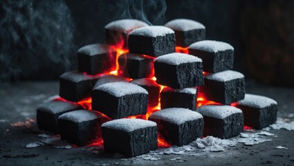 Intimate view of coconut shell briquettes burning with red heat and ash coating