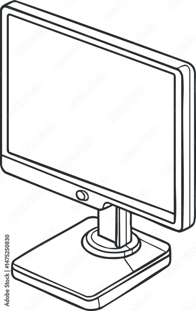 Poster isometric outline illustration of a modern computer monitor with a stand and blank screen
