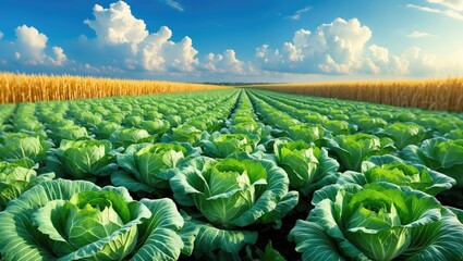 Wide-angle view of an emerging cabbage field
