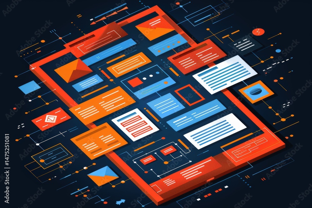 Poster a colorful digital illustration of a mobile app interface wireframe, displaying interconnected ui el