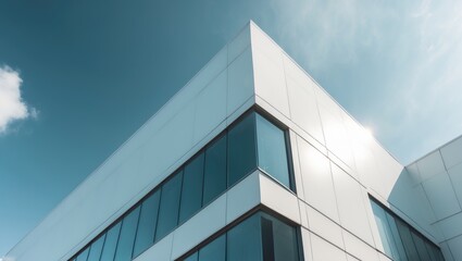 Obraz premium Office edifice with white aluminum composite panels and a facade made of glass and metal, reflecting abstract modern architectural style.