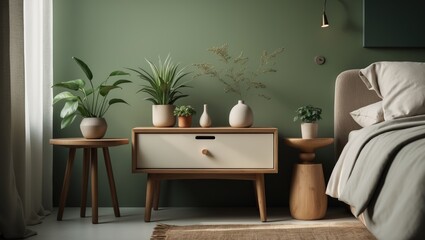 Bedroom decor concept with a mock-up poster, green wall, and personal accessories. Home styling template.