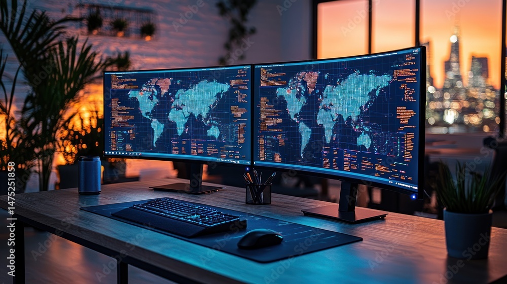 Poster dual curved monitors displaying global data streams in a modern office setting at sunset.