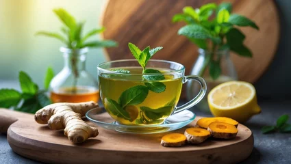 Gardinen Rustic shot of hot herbal drink infused with ginger, turmeric, lemon, and honey in a tea cup © AbstractAI