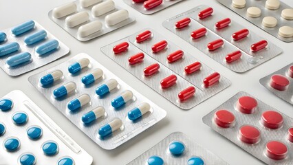 Realistic blister packs with different color pills. Red and blue pills. Generative AI