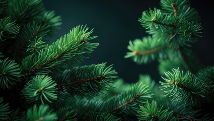 Christmas Themed Fir Tree Brunch Background Highlighting Fluffy Pine and Green Spruce Close-Up